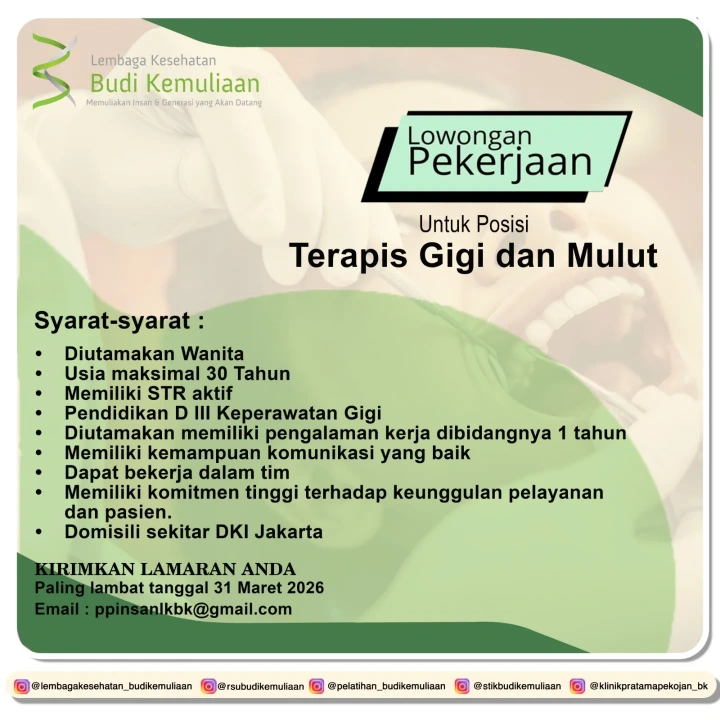 Lowongan Kerja Terapis Gigi &amp; Mulut Jakarta 2026