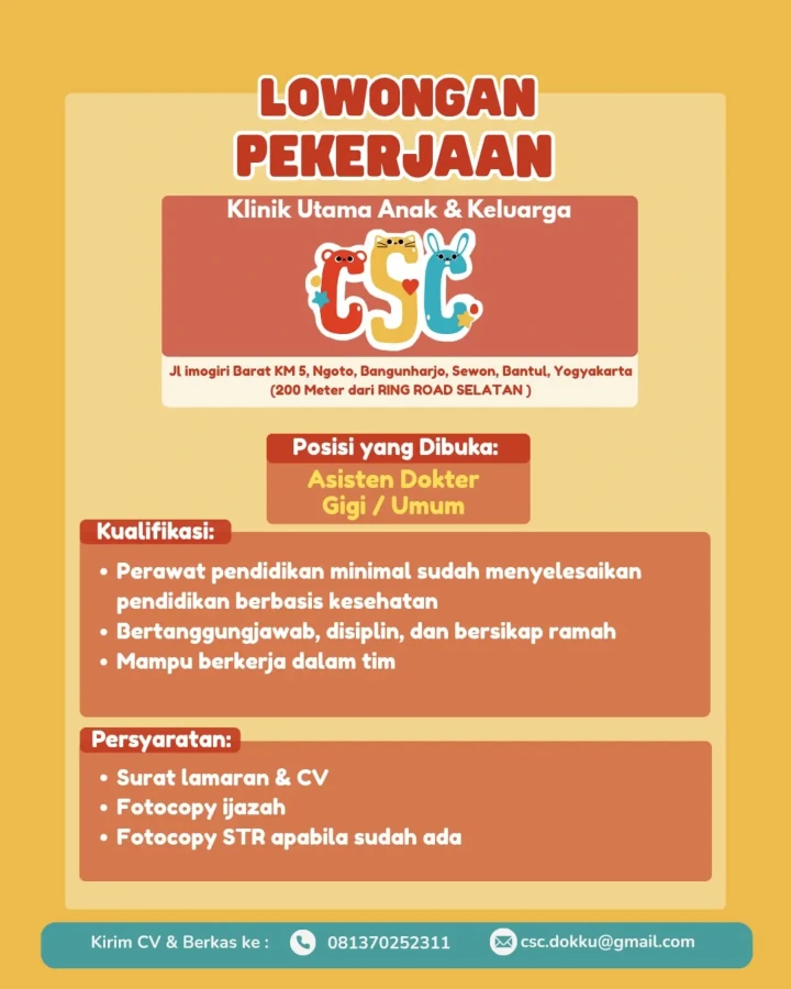 Lowongan Kerja Asisten Dokter Gigi Yogyakarta 2026