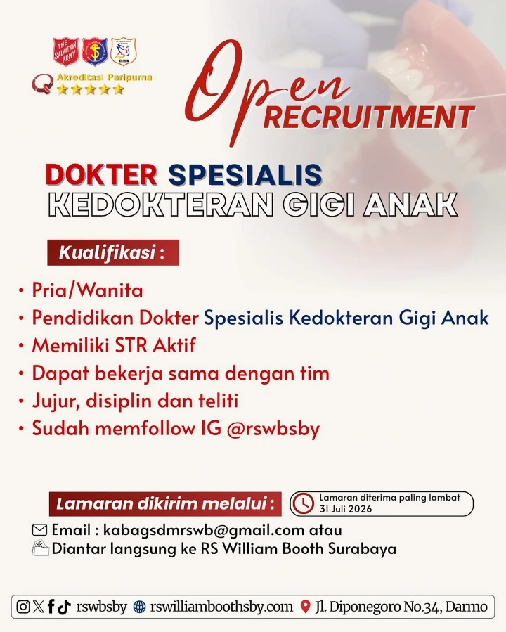 Lowongan Kerja Dokter Spesialis Kedokteran Gigi Anak Surabaya