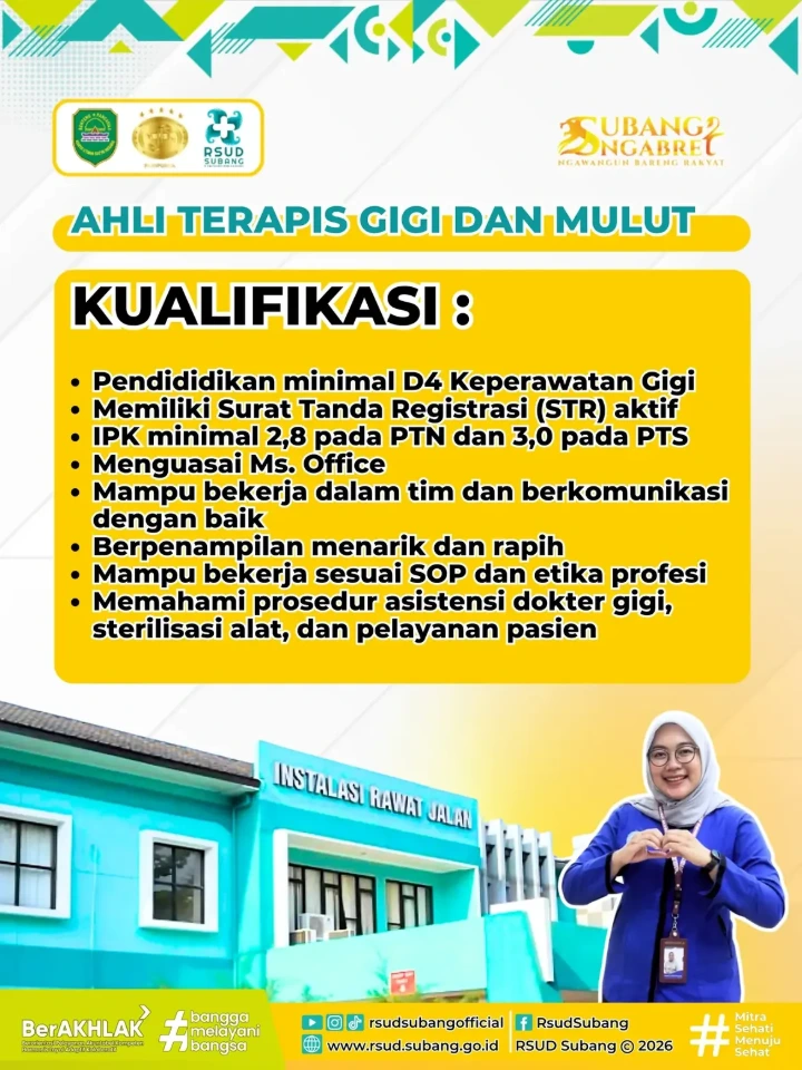 Lowongan Kerja Ahli Terapis Gigi dan Mulut Subang 2026